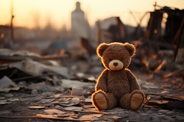 Lost teddy bear among ruins, symbolizing innocence and hope in war-ravaged cityscape