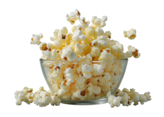 Delicious popcorn in see through glass bowl cut out isolated on transparent or white background, png file