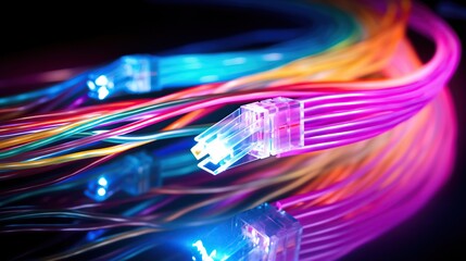 Multicolored optical fiber cable. Speed data connection, internet network, communication technology concept.