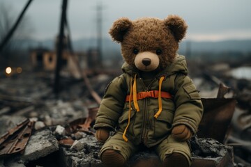 Innocence and hope. childs teddy bear amidst ruined cityscape, symbolizing resilience in war - obrazy, fototapety, plakaty