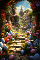 A garden landscape adorned with hidden Easter eggs of various sizes and colors.
