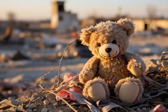 Innocent teddy bear amongst devastated cityscape signifies hope for children in times of war