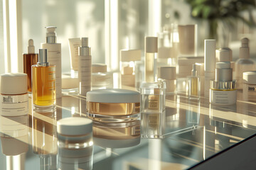 Luxury skincare cosmetics on the mirror surface of the dressing table Beautiful cosmetics banner