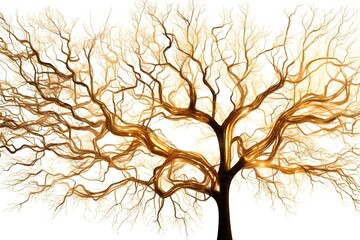 golden electronic circuits in  leafless tree form , AI generative illustration on clear white background