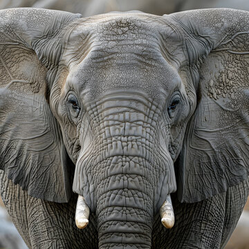 Close-up photo of an African elephant's face with wrinkled skin and large tusks