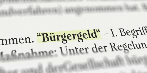 Das Wort Bürgergeld im Buch mit Textmarker markiert