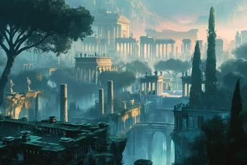 Selbstklebende Fototapeten A painting capturing the beauty of a historic city with ruins and lush trees illuminated by the warm afternoon light, Fantasy city inspired by ancient Rome, AI Generated © Iftikhar alam