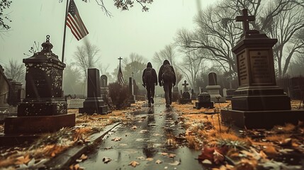 Two Individuals Walking Down A Rainy Path In Cemetery Adorned With Fallen Leaves And American Flags. - obrazy, fototapety, plakaty