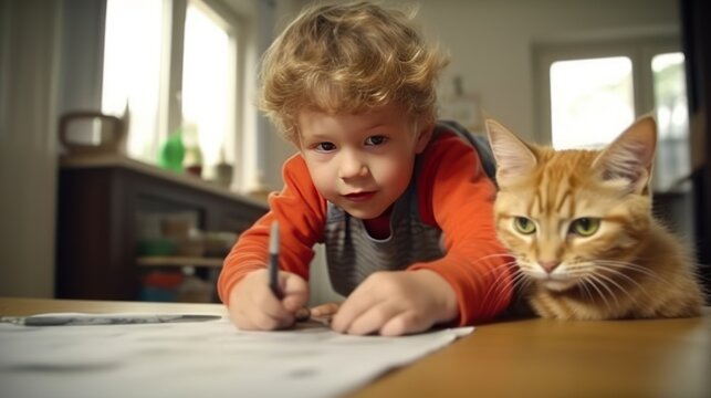 Cute boy drawing a cat on a white paper.
