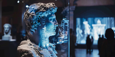ancient, cracked statue in a museum morphing into a holographic, interactive display, showcasing the evolution of art and technology, soft museum lighting, visitors observing in awe
