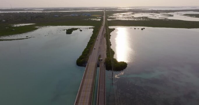 Drone shot of Highway 1 in the Florida Keys