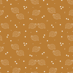 Cute Snails and Flowers Seamless Pattern for Kids Fashion. Line Art Snail Vector illustration.