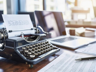 Typewriter on a desk transitioning into a modern laptop, surrounded by notes and coffee, highlighting technological advancement