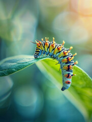 caterpillar on a leaf, transforming into a butterfly, vivid colors, focus on the metamorphosis stage, intricate textures of wings and leaf, serene garden background
