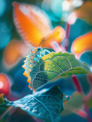caterpillar on a leaf, transforming into a butterfly, vivid colors, focus on the metamorphosis stage, intricate textures of wings and leaf, serene garden background