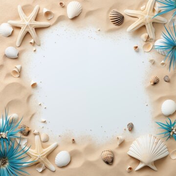White sandy beach with seashells, starfish and ocean waves with copy space