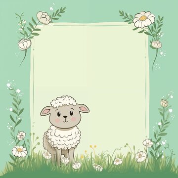 Card template with empty space with cute animal and leaves tree on light green background