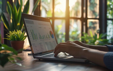 hands typing on a laptop with a screen showing a graph titled 'Accountability Metrics', in a corporate office setting, bright and clear lighting