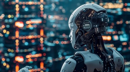 Fototapeta premium Robot With Detailed Black And Silver Head Mechanics Looking Forward Against A Bokeh Of City Lights.