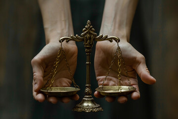 hands holding a balance scale, with intricate details on the scale, in a courtroom setting, natural lighting, emphasizing the concept of accountability