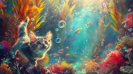 A playful scene of a cat with a mermaid fin chasing bubbles in a colorful underwater kelp forest