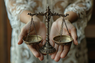 hands holding a balance scale, with intricate details on the scale, in a courtroom setting, natural lighting, emphasizing the concept of accountability