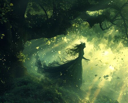 An ethereal dryad emerging from an ancient tree sunlight filtering through leaves
