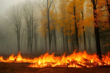 激しい山火事、ブッシュファイヤーで炎と煙が森を焼く
