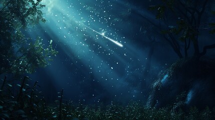 Fototapeta premium Create a serene scene of a meteor illuminating a mystical forest
