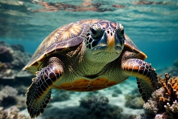 Fototapeta premium A beautiful sea turtle glides through crystal clear water.