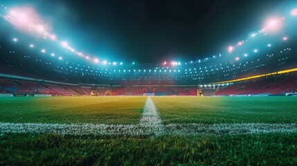 Vibrant colors illuminating a soccer stadium at night - obrazy, fototapety, plakaty