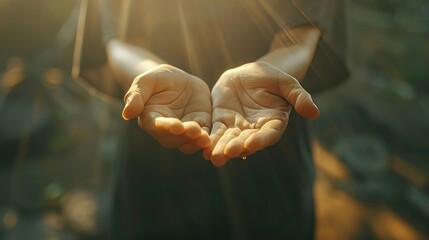 A hand holding the Eucharist opens up palms up in worship. Eucharist Therapy Bless God Helping Repent Catholic Easter Lent Mind Pray. Background concept of Christian Religion. Faith fighter and - obrazy, fototapety, plakaty