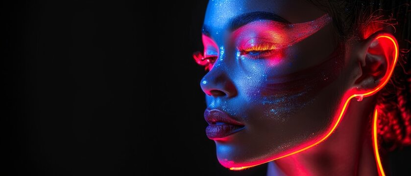 Model in neon light. Beautiful model in fluorescent make-up, Body Art design in UV, painted face, colorful make-up, on a black background.