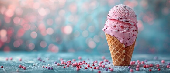 An ice cream cone is topped with a pink scoop of ice cream over a blue background. A strawberry or...