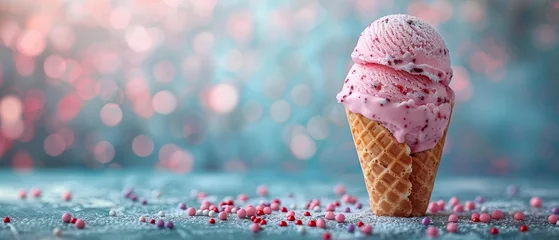 Foto auf Alu-Dibond An ice cream cone is topped with a pink scoop of ice cream over a blue background. A strawberry or raspberry flavor sweet dessert is decorated with colorful sprinkles. © Zaleman
