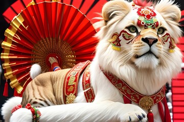中国旧正月（春節）のリアルな獅子のお祝い飾り