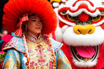 中国旧正月（春節）のリアルな獅子のお祝い飾り - 740875733