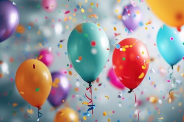 A vibrant collection of balloons gracefully floating in the air, adding a festive atmosphere to a celebration, Festive birthday balloons and confetti scene, AI Generated