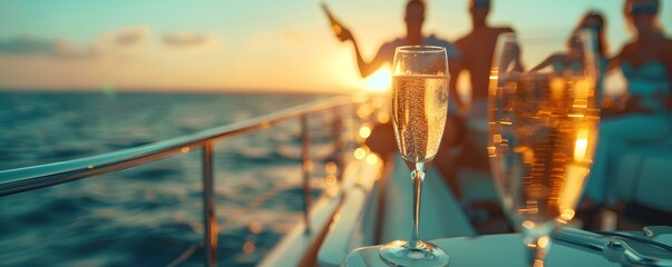 Fototapeta na wymiar Friends enjoy champagne on a yacht at sea exuding luxury and fun. Concept Yacht Party, Luxury Lifestyle, Champagne Celebration, Friends Gathering, Seaside Adventure