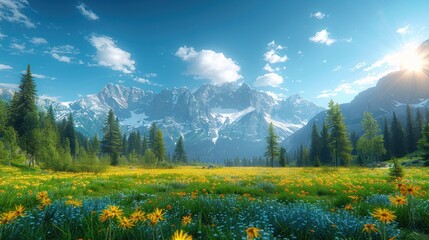 day and night composite image of large meadow with mountain herbs and a conifer forest in front of mountainous massif away
