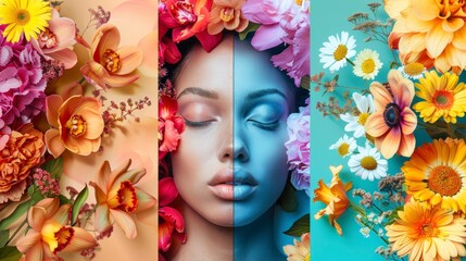 Beautiful women models with flower-themed makeup with painted faces and real flowers with colorful background in a studio with professional lighting in high definition and high quality. artistic 