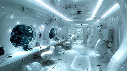 Photograph of a white spaceship with multiple computer monitors and control panels and rows of empty seats and space suits Futuristic concept - obrazy, fototapety, plakaty