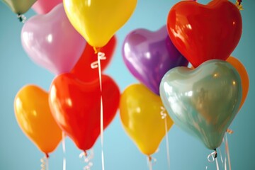 A group of brightly colored heart-shaped balloons drifts through the sky, Festive, heart-shaped balloons at a kid's birthday party, AI Generated