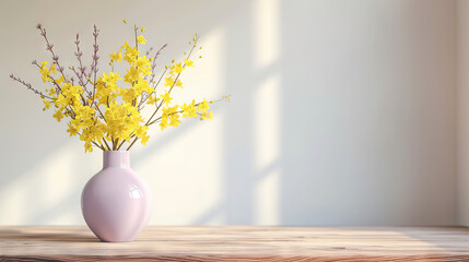 A bouquet of yellow flowers in a round vase on a table on an isolated background