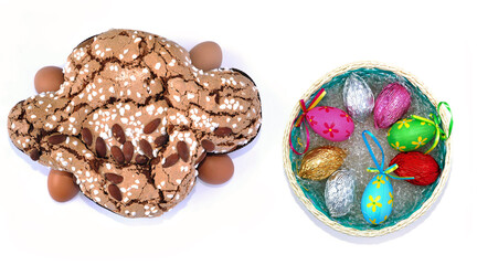 Studio shot for Easter with the Colomba cake and colorful chocolate eggs.