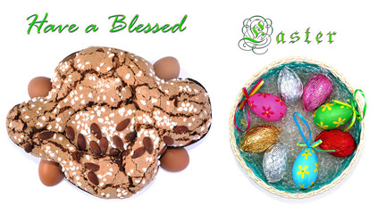 Easter card for Easter with the Colomba cake and colorful chocolate eggs and the text: Have a blessed Easter.