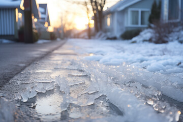 close up view of slippery ice covering the sidewalk in the early morning of a residential area in winter