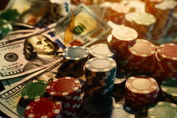 Colorful poker chips and money, dollars. Poker game, casino chips closeup