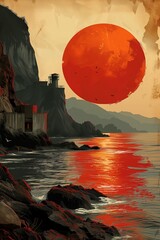 Stylized red sun over a surreal coastal landscape with a solitary figure
