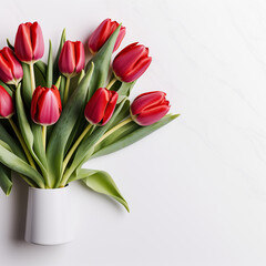 Fototapeta premium Bouquet of beautiful red tulips on a white background with space for text. Mother's Day, March 8, birthday. Generated by artificial intelligence